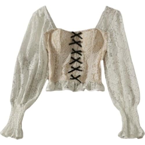 2021 Fashion Womens Summer Design Sense Wooden Ears Short Long Sleeve Lace Shirt Square Neck Waist Shirt And Top