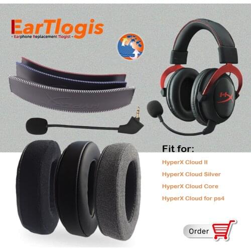 EarTlogis Replacement Parts for HyperX Cloud Silver, Core, II, for PS4 Headset Ear Pads Microphone Bumper Mic Headband Earmuff