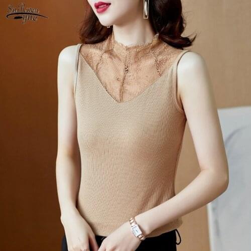 Summer Sleeveless White Tank Tops Women Vest Semi-high Collar Lace Slim Basic Knitted Tops Women 2021 Women Clothing New 15397