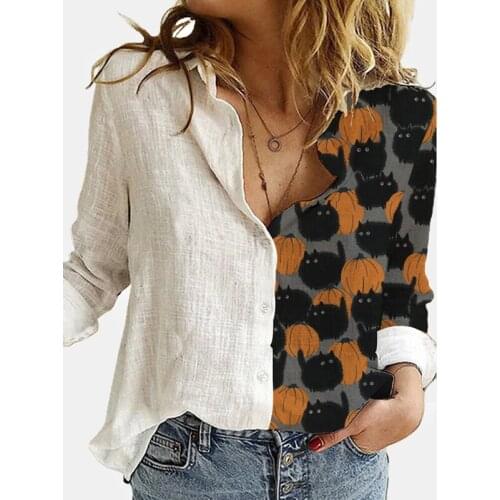 Personality Feature Womens Blouse Loose Trendy Pumpkin Pattern Print Tops Lapel Long Sleeve Button Shirt Street Ladies Clothing
