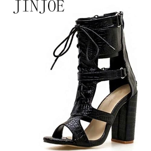 JINJOE Summer New style shoes Woman Pure color serpentine Cross bandage Fashion rough heel 12 centimeter Rome High Heel Sandals