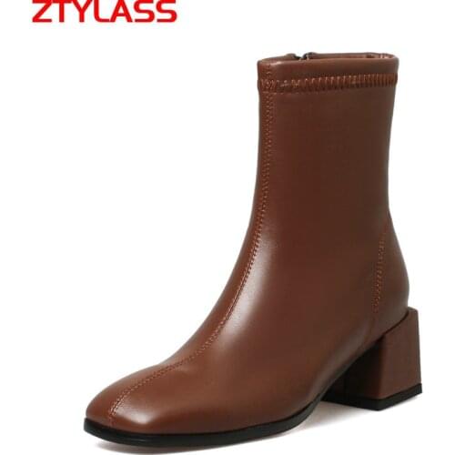 2021 Fashion Square Toe Ankle Boots Pu Leather Women Boots Chunky Heel Zipper Boots Autumn Winter Woman Shoes Beige Black Brown