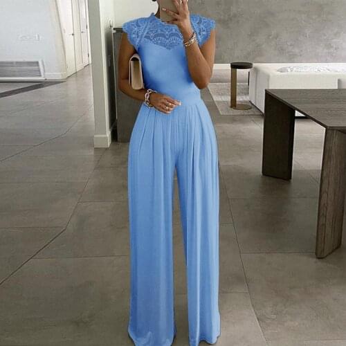 2021 Sexy Hollow Out Sleeveless Solid Jumpsuit Summer Elegant Embroidery Lace Loose Beach Overall Office Lady Wide Leg Romper