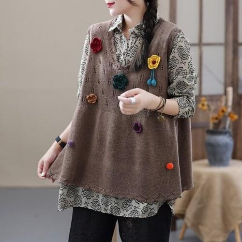 21Autumn Vests Women Sweet Style Loose Hallow Out Sanding V-Neck Collar Patchwork Female Fashion Tops Fashion