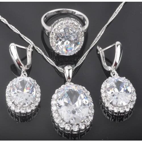 2020 New White Cubic Zirconia Silver Color Jewelry Sets Womens Wedding Earrings Pendant Necklace Rings Birthday Gift QZ0463