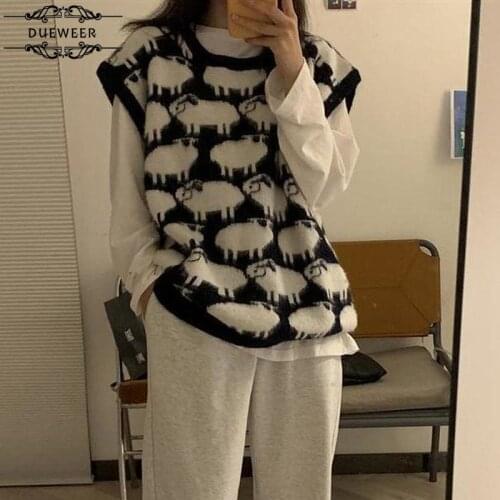 Dueweer Sweater Vest Women O-neck Sweaters Womens Animal Jacquard Streetwears Woman Outwear Soft Students Korean Style