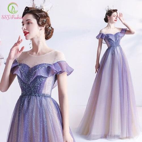 SSYFashion New Gradient Purple Evening Dress Romantic Scoop A-line Sequins Beading Long Prom Formal Party Gowns for Women