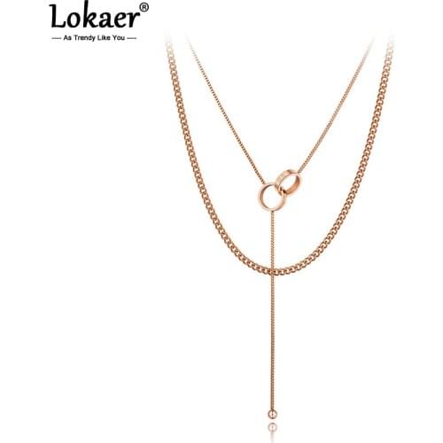 Lokaer Titanium Stainless Steel Double-layer Double Circle Charm Choker Necklace Trendy Bohemia Chain Necklace For Women N20119