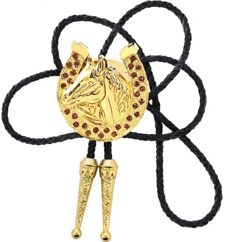 Gold U shape Horse head Rhinestone Bolo Tie For Man Western cowboy Necktie Bow Tie Leather Collar Rope Ladies Accessories