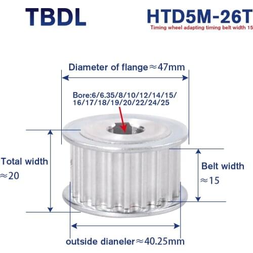 26 Teeth HTD 5M Timing Synchronous Pulley Bore6/6.35/8/10/12/14/15/16/17/19/20/22/24/25mm for Width 15mm 5mm Pitch HTD5M 26T AF