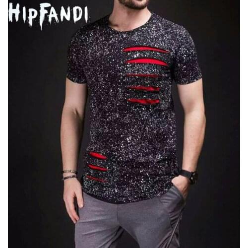 HIPFANDI Brand Designer Mens Curved Hem Ripped Tee Shirts Fashion Hi-Street Hip Hop T Shirt Short Sleeve Streetwear Tshirt Men