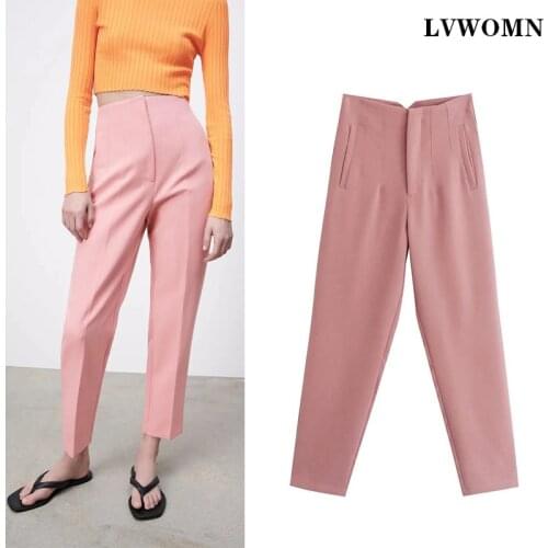 LVWOMN Za 2021 Women Pants New Chic Pockets Straight Pants Lady Office High Waisted Pants Elegant Pink Blue Casual Woman Trouser