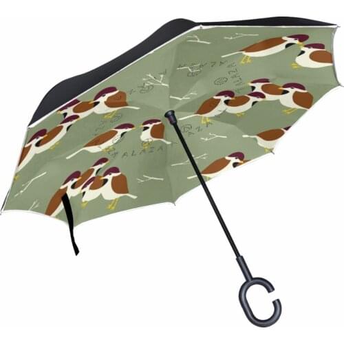 C-Hook Reverse Umbrella With Birds Windproof Double Layer Long Shank Inverted Travel Size Creative Customized Rain Protection