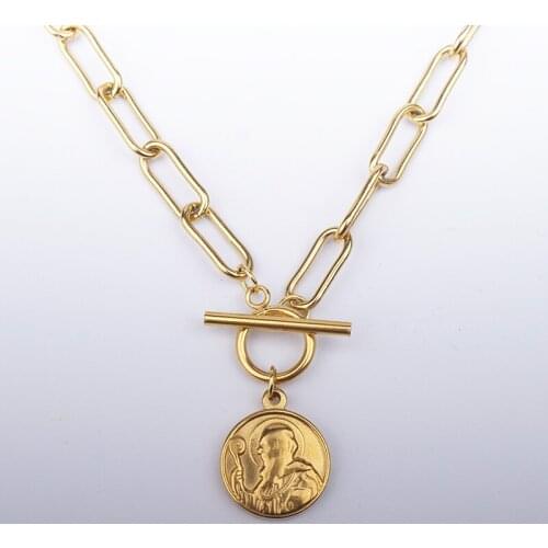 100% Stainless Steel Saint St Benedict Coin Medallion Toggle Necklace For Women Gold/Silver Color Metal Coin CHUNKY Chain Choker