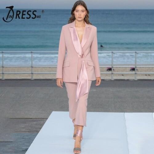 INDRESSME 2019 New Fashion Women Pink Suit Elegant OL Style 2-Piece Sets V Neck Patchwork Long Sleeve Sash Blazer Boot-cut Pants