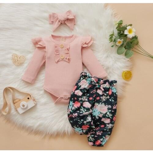 3Pcs Toddler Girl Outfit, Solid Color Ruffled Long Sleeve Romper + Floral Elastic Waist Pants + Headband for Baby Girls