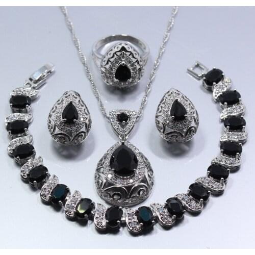 West Style Black Zircon Water Drop Women 4PCS Jewelry Set Earrings Ring Necklace Pendant Bracelet