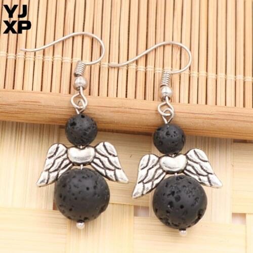 YJXP Silver Plated Round Beads Natural Black Lava Stone Dangle Earrings Vintage Angel Wing Jewelry