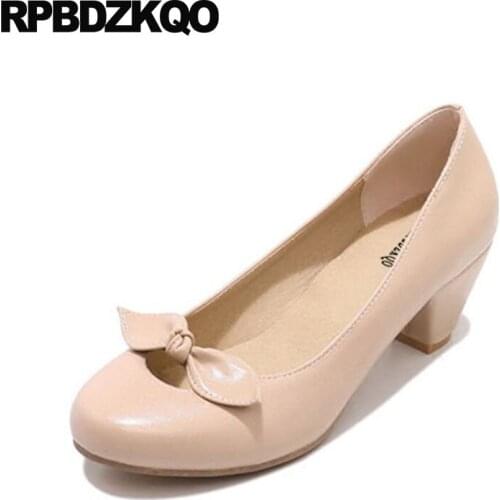 Round Toe 2021 11 43 Lolita Fashion Shoes Thick Size 4 34 Sweet Medium Heels Ladies Kawaii 10 42 Korean Cheap Big Cute Beige Bow
