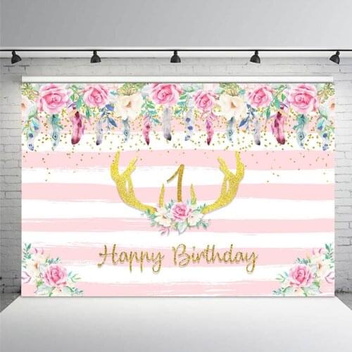 Mohofoto Happy Birthday Backdrop for Photography Little Princess Background for Photo Shoot Flower Backdrops Pink White Stripes