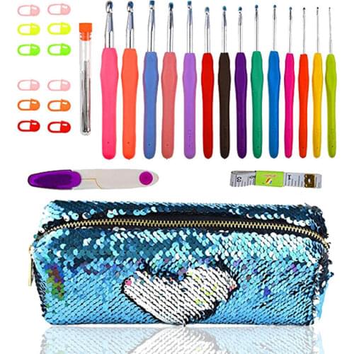Crochet Hook Set With Storage Bag 14pcs Mix 2.0-10.0mm Extra Length Ergonomic Rubber Soft Handle Grip Knitting Needles Set