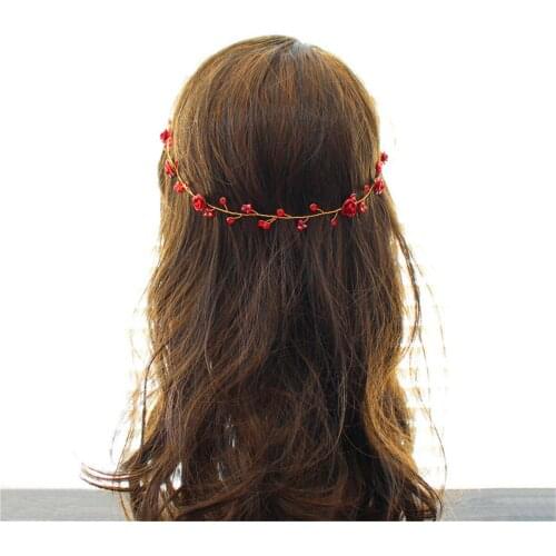 Elegant Alloy Red Rhinestone Golden Leaf Bridal Headdress Leaf Earring Hair Hoop Set for Wedding Perform Studio Travel MY009