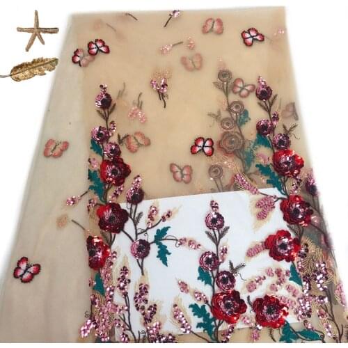 Luxury Three-dimensional Embroidered Fabrics, Delicate Embroidery, Beaded Flowers, Lace Fabrics, Royal Blue