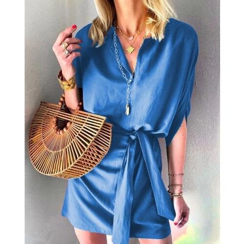 Womens Summer Dress Half Sleeve V Neck Ruched Bandage Homewear Sleep Mini Dress Streetwear Women Dress