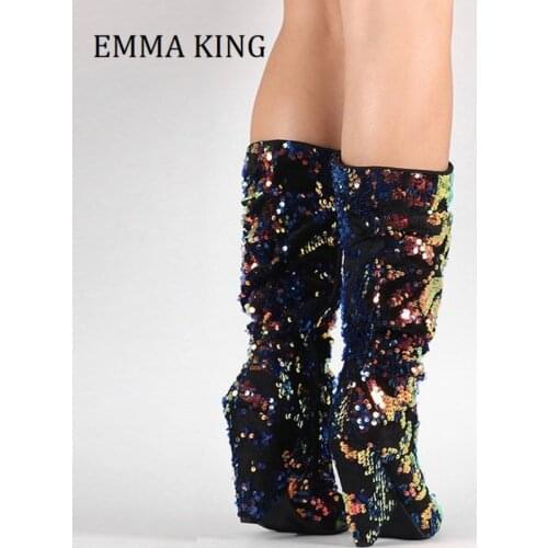 Women Spike Heel Fashion Glitter Mid-calf Boots Slouchy Multi Color Sequin Trendy High Heel Boots Pointy Toe Cone Heeled Boots