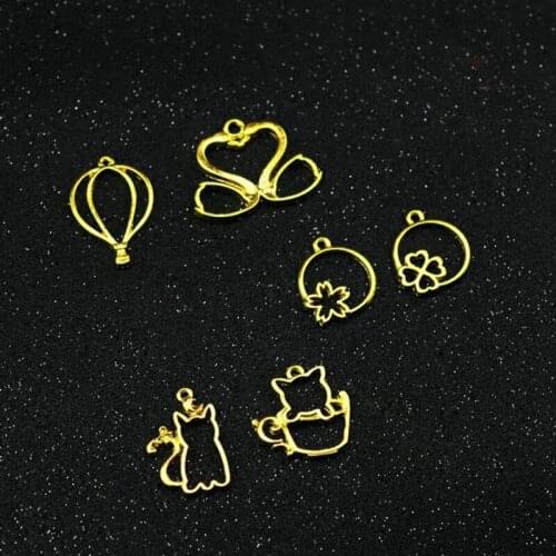 10pcs Cat hot air balloon swan coffee cats Bezel Metal Frame Pendant Gold Charm Bezel Setting Cabochon Setting UV Resin Charm