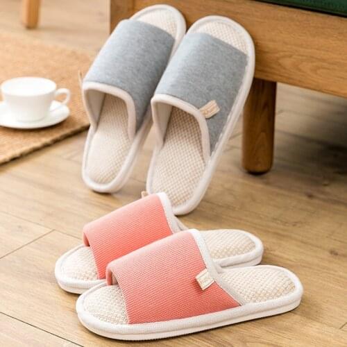 Womens Home Slippers Breathable Indoor Open-Toe Summer Shoes Couples Cotton Linen Slippers Anti-Slip Female Male House Slides