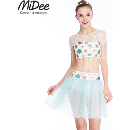 MiDee Modern Ballet Dance Skirt Girl 2 Piece Set Shiny Sweet Flower Sequin Lace Top Belly Dance Short Shirt Tutu ballerina Dress