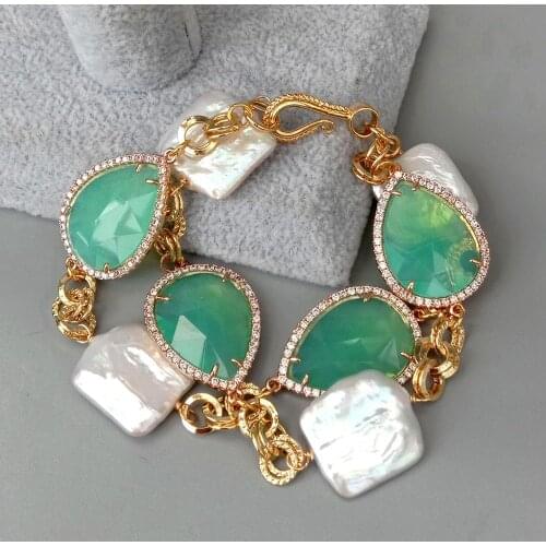 YYGEM Natural White Rectangle Keshi Pearl Cz Bezel Set Green Crystal Chain Bracelet