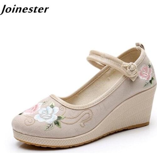 Women Embroidered Mary Jane Wedge Pumps Canvas Casual Shoes Женские туфли Vintage Ethnic Dress Shoe for Ladies Summer Sandals