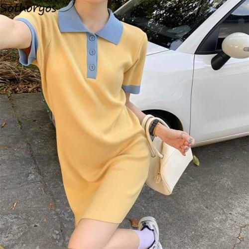 Women Short Sleeve Dresses Turn-down Collar Patchwork Japan Style Harajuku Streetwear Temperament Knitted Trendy Above Knee Hot