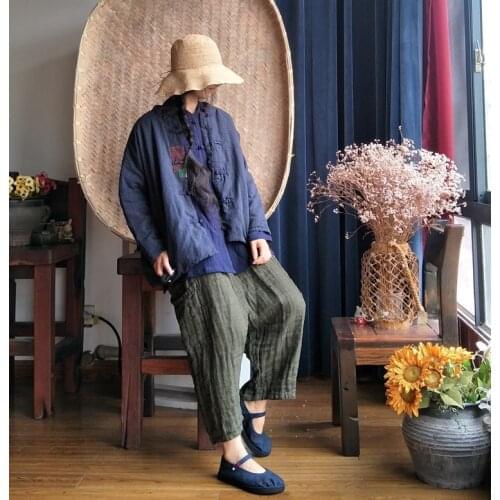 Women Retro Cotton Linen Striped Loose Jackets Parkas Ladies Vintage Coat Outwear Female Padded Coat Overcoat 2018 Autumn Winter