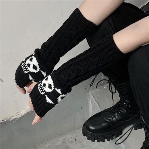 Women Gothic Knitted Skull Gloves 2021 Unisex Stretch Dark Ninja Cool Elbow Length Winter Arm Warmer Hipster Black Long Mittens