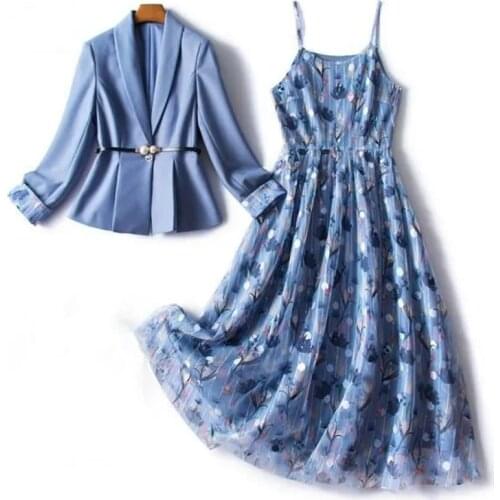 Women Blazer With Belt + Print Mesh Spaghetti Strap Dress 2 Piece Set 2021 Spring Korean Fashion Ladies Sleeveless Dress Suits