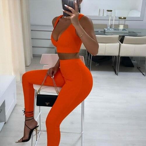 Women knitted Crop Short Tank Top & Long Pants Set Two Piece Set Women Solid V-neck Casaul Fitness Sportwear Pants Set Outfits