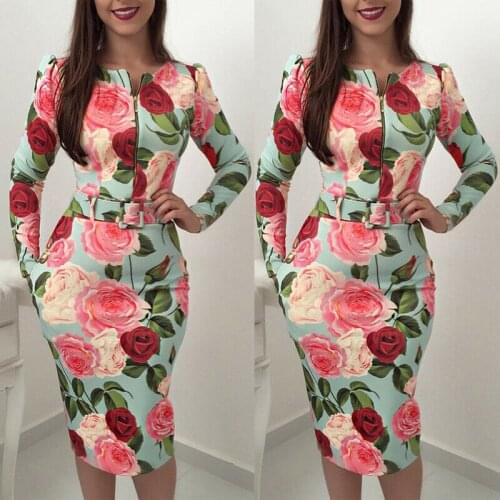 Women Boho Floral Sexy Bodycon Long Sleeve Slim Fit Dress Ladies Elegant Party Sash Zipper Vestidos Mujer Dress Sundress