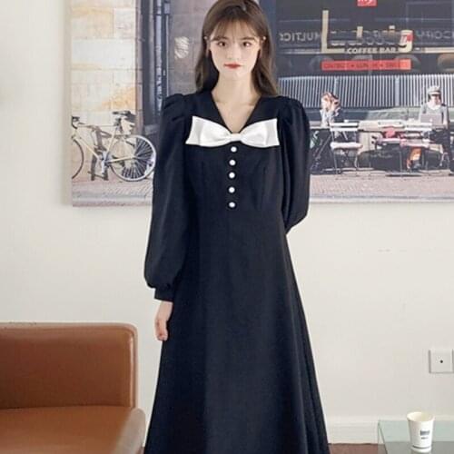 Woman Dress Autumn 2021 New Style Korean Fashion Elegant Bow Tie V-neck Small Breasted Retro Long-sleeved Dresses