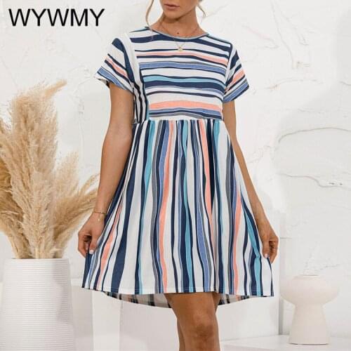WYWMY Women Striped Dress Summer 2021 O-neck Short Sleeve Print Slim A-line Dress Elegant Office Lady Party Beach Dress Sundress