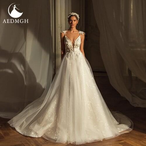 Aedmgh A-Line Wedding Dresses 2021 Sexy Bow Spaghetti Sraps Vestido De Novia 3D Flower Appliques Lace Sequined Boho Bridal Dress