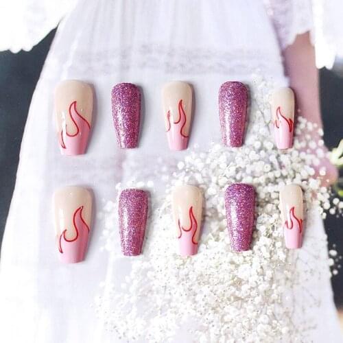 24Pcs/Set Pink Flame Purple Flash Fake Nails Glue Type Removable Long Paragraph Fashion Manicure Nail Supplies For Professionals