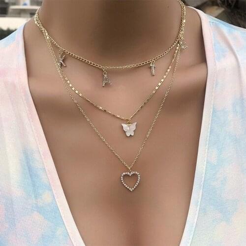 3 Pcs/Set Women Necklaces Fashion Crystal Peach Heart Butterfly Letter Pendant Necklace Ladies Sexy Beach Party Wedding Jewelry