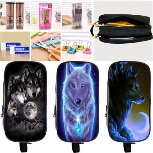 Animal 3D Wolf Pencil Case Cosmetic Case Kids Pen Bag Children Double Layer Pencil Bag Stationery Pencil Pouch School Supplies