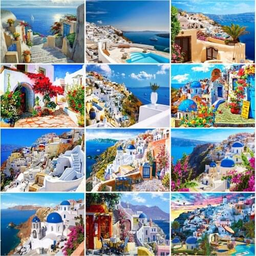 AZQSD Diamond Painting House Town Building Cross Stitch Full Drill Diamond Embroidery Seaside Landscape Mosaic Home Decor Gift