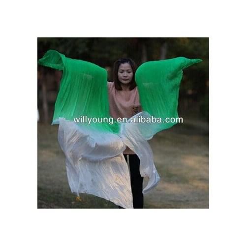 Free-shipping Green/White mixed Belly Dancing 100% Real Silk Fan Veils dyed color long Dancing Fans 180cm Lenglth