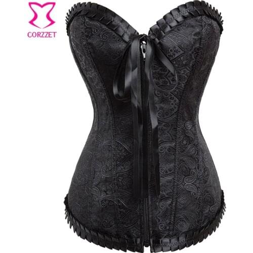 Burlesque Paisley Pattern Strapless Zipper Bustier Top Overbust Gothic Corset Black Corpetes Sexy Korsett For Women Corselet