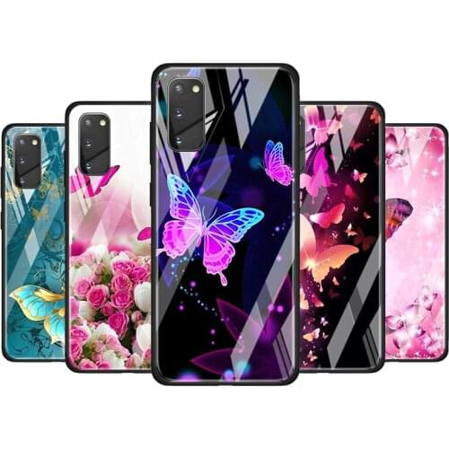 Butterflies On Flowers Tempered Glass Cover For Samsung Galaxy S20 S10 S9 S8 S10E FE Ultra Plus Lite 5G Phone Case